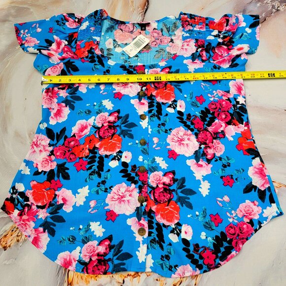 Torrid Women's M/L (10) Floral Blue Pink Button Front Flutter Sleeve Blouse Top - Picture 5 of 7